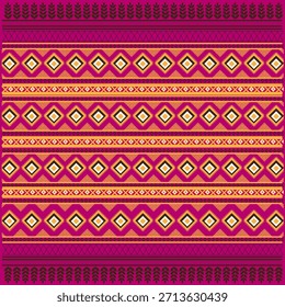 Un vibrante patrón textil en rosa y amarillo con repeticiones de Formas de diamantes, líneas en zigzag y bordes decorativos. El diseño simétrico refleja el tejido étnico tradicional y cultural.
