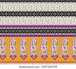 a vibrant textile or wallpaper pattern with geometric Greek key motifs, intricate black and white designs, and colorful paisley patterns on a golden-yellow background.