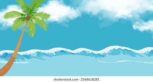 A vibrant and textured illustration depicting a tropical beach with golden sands, a single palm tree, and layered blue waves under a sky with fluffy clouds a calming and serene depiction, ideal for sh