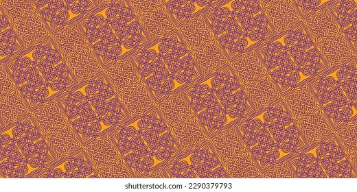 Vibrant textured patterns of orange and yellow, celtic style seamless background.