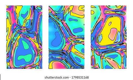 Texturas vibrantes, conjunto multicolor de fondo exótico. Pintura de vector psicodélica brillante. Modelos verticales de colores de buena vibración, afiches tropicales y diseños de portada