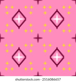 Vibrant Thai Ikat Fabric Design with Bold Geometric Shapes in Purple and Pink Hues

