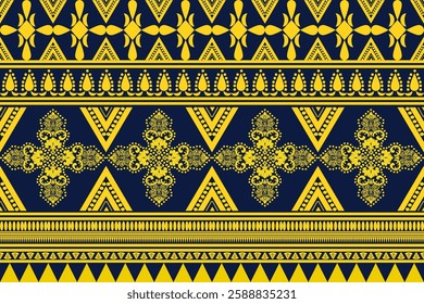 A vibrant Thai pattern featuring intricate gold designs on a rich navy blue background. This seamless vector graphic showcases traditional Thai art, perfect for backgrounds, textiles