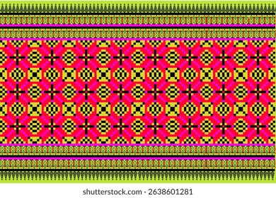 A vibrant Thai traditional textile pattern featuring bold neon colors and symmetrical geometric motifs. Perfect for use in cultural projects, fabric printing, digital wallpapers, and surface design.
