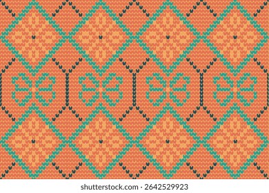 Um vibrante padrão tribal tailandês com diamantes geométricos e formas florais em laranja, azul-petróleo e preto. Perfeito para têxteis e desenhos étnicos.