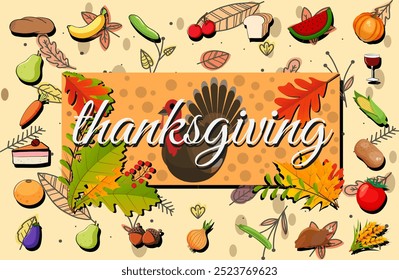 Vibrant Thanksgiving day illustration featuring a turkey and festive seasonal harvest banner. Perfect for celebrating fall traditions and holiday gatherings with food and family.