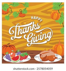 A vibrant Thanksgiving themed featuring traditional table settings, a roasted turkey, assorted fruits, and seasonal pumpkins against. Flat vector modern illustration