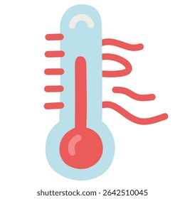 Ícone vibrante do termômetro com lâmpada vermelha ascendente e linhas de calor onduladas. Ideal para alertas de alta temperatura, avisos de ondas de calor, visuais climáticos de verão ou gráficos de clima quente relacionados à saúde.