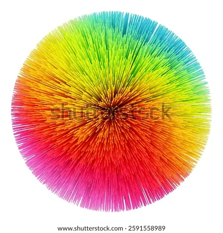 Vibrant thin colored lines radiate from center forming stunning eye-catching spherical explosion. Rainbow visually striking 3d sphere inspired by playful and energetic Koosh Ball. Vector illustration