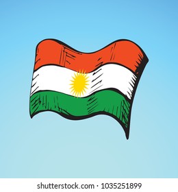 Vibrant three-band Kurds pennon element isolated on light sky backdrop. Vivid line hand drawn tricolor picture logo pictogram sketchy in art retro doodle style. View closeup with space for text