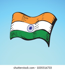Vibrant three-band pennon element isolated on light sky backdrop. Vivid line hand drawn tricolor picture logo pictogram sketchy in art retro doodle style. View closeup tiranga with space for text
