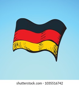 Vibrant three-band pennon element isolated on light sky backdrop. Vivid line hand drawn tricolor picture logo pictogram sketchy in art retro doodle style. View closeup with space for text