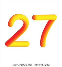 Un vibrante número tridimensional 27 representado con un gradiente suave y fluido de rojo y amarillo, aislado sobre un fondo blanco.
