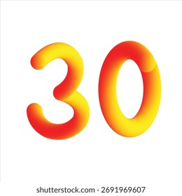 Un vibrante número tridimensional '30' con un gradiente suave y brillante de rojo y amarillo, aislado sobre un fondo blanco.