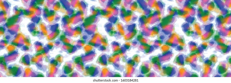 Vibrant tie dye bleed vector seamless texture border pattern. For trendy hippie dyed fabric banner background. Paint blur blotched splodge marks organic edge.. Retro summer graphic design ribbon trim