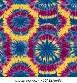 Vibrant tie-dye pattern with circular designs in yellow, red, and blue, grunge lines ikat pattern, ikat seamless pattern, Vector illustration background for print the paper.