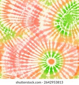 Vibrant tie-dye pattern with lime green and peach hues, tie-dye seamless pattern, shibori style, vector illustration, doodle summer, kids and baby designs for print fabric.