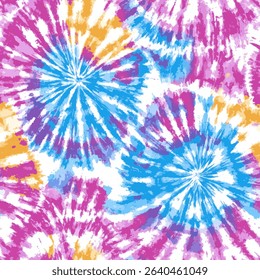 Vibrant tie-dye pattern with swirls of pink, blue and yellow in an array of colors. tie-dye seamless pattern, Vector illustration background for print the paper.