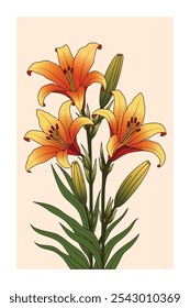 Vibrant Tiger Lily Flower Print, Colorful Floral Art with Green Leaves, Trendy Floral Posters, Hand drawn Botanical Illustration for Decor