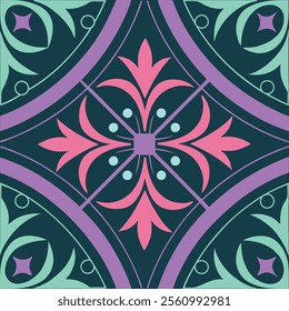 A vibrant tile pattern featuring a central floral motif in pink, surrounded by intricate swirls and shapes in teal and purple. The design is set against a dark background,