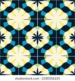 Vibrant tile pattern in shades of blue, yellow, and green, creating a seamless and visually appealing design reminiscent of patterned tilework.
