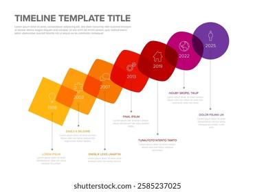 A vibrant timeline template displays company key milestones using colorful transformation of yellow square to blue circle. Each step represents a year and major event.