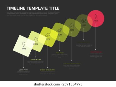 A vibrant timeline template displays company key milestones using colorful transformation of green square to red circle. Each step represents a year and major event.