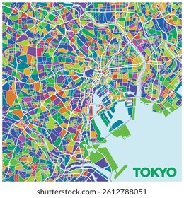Vibrant Tokyo city map illustration with bright multicolor blocks. Tokyo, Japan Map.
