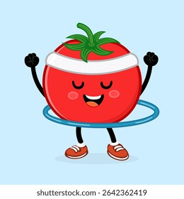 Vibrant tomato character joyfully exercises with a hula hoop, showcasing enthusiasm and energy. Perfect for themes of health and fun