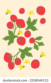 Vibrant tomato pattern with green leaves and yellow flowers.
