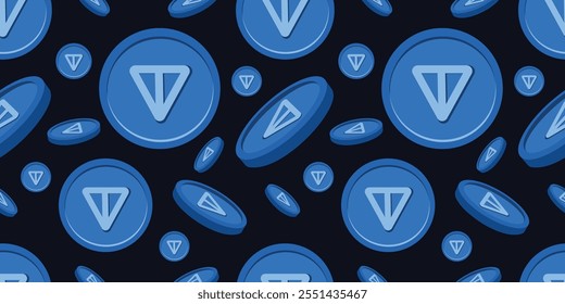 Vibrant Ton coin cartoon-style pattern on black background. Innovative cryptocurrency modern digital money. For blockchain design, crypto emblems, logo.