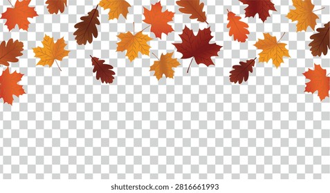 A vibrant top border composed of falling red, orange, and yellow autumn leaves. Ideal vector design element for seasonal fall projects, Thanksgiving invitations, and autumn sales banners.