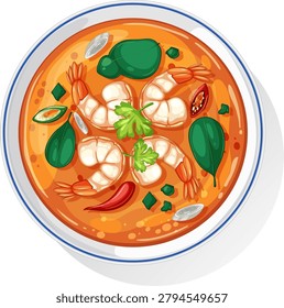 Vibrant top-down vector illustration of Thai Tom Yum soup featuring shrimp, herbs, and spices.