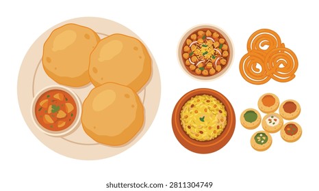 A vibrant top-down view of various Indian dishes including fluffy puri, spicy chole, crispy jalebi, and an array of colorful sweets.