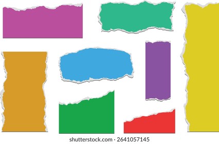 Vibrant torn paper pieces vector set with ripped edges on a white background. Great for posters, scrapbooking, education, collage, and digital design. Colorful Torn Paper Pieces on White Background .