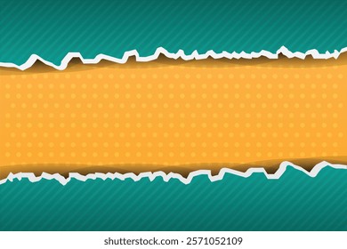 Vibrant torn paper vector background featuring teal and orange gradient layers with a polka dot texture. Abstract ripped edges add a modern touch, perfect for web, print, and marketing designs.