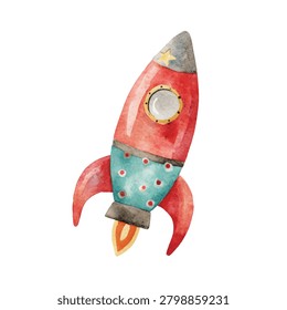 Vibrant toy rocket with fins and flame