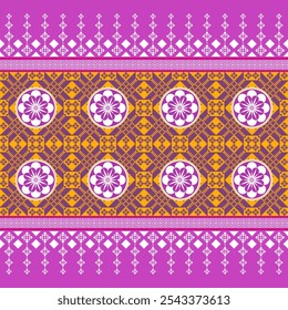 Vibrant traditional textile with intricate floral motifs. Bold pink, yellow, and white color palette. Perfect for fashion, home decor, and graphic design.