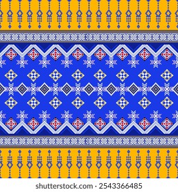 Vibrant traditional textile with intricate geometric motifs. Bold blue and yellow color palette. Perfect for fashion, home decor, and graphic design.