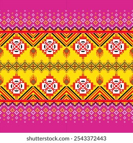 Vibrant traditional textile with intricate geometric motifs. Bold pink, yellow, and red color palette. Perfect for fashion, home decor, and graphic design.