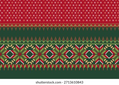 A vibrant traditional textile pattern featuring geometric motifs, floral elements, and animal-inspired designs arranged in intricate horizontal bands.