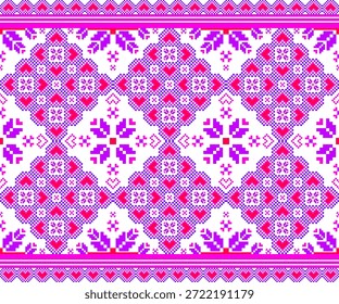Un vibrante patrón textil tradicional con motivos geométricos y florales estilo píxel en púrpura, rosa, rojo y blanco, dispuestos simétricamente con bordes decorativos. Patrón de Vector de arte de píxeles
