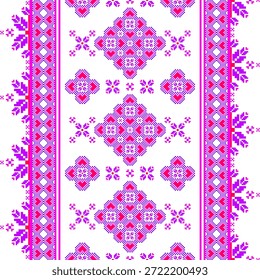 Un vibrante patrón textil tradicional con motivos geométricos y florales estilo píxel en púrpura, rojo, rosa y blanco, dispuestos simétricamente con bordes decorativos. Patrón de arte de píxeles de Vector. Sin costuras