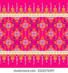 Vibrant traditional textile pattern with floral and geometric motifs
