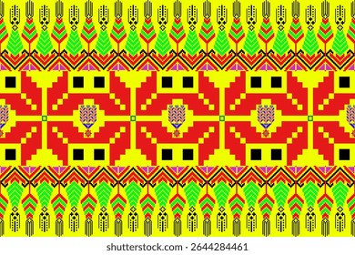 A vibrant traditional Thai tribal textile pattern in pixel art style, inspired by northeastern (Isaan) weaving motifs. Features symmetrical geometric designs, colorful arrows, cultural symbols, and bo