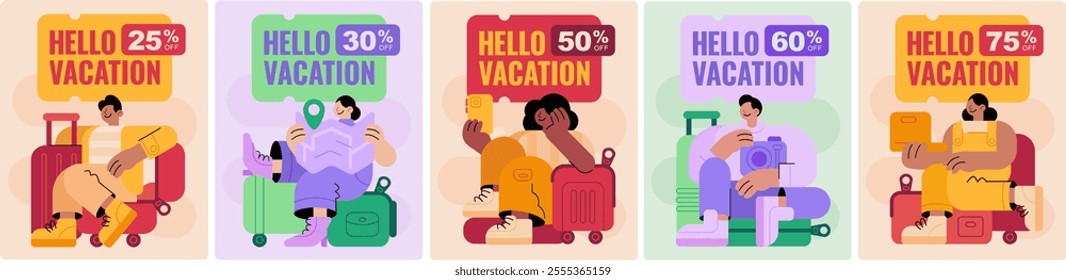 Vibrant travel discount posters featuring cheerful characters, luggage, and discount tags from 25% to 75%. Ideal for travel-related promotions and campaigns.