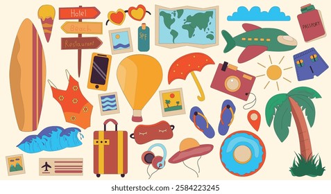 vibrant travel-themed illustration featuring various vacation items such as a suitcase, sunglasses, camera, hot air balloon, airplane, map, sunscreen, flip-flops, and a palm tree. Bright and colorful