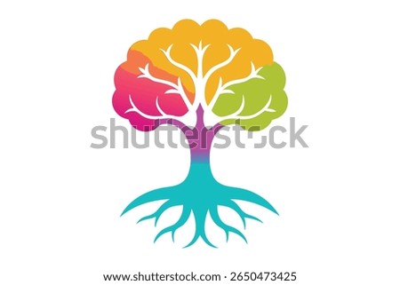 A vibrant tree with brain-shaped roots symbolizing growth and mental strength. Soft watercolor vector with pastel tones. Abstract leaves express blooming thoughts on a clean white background.