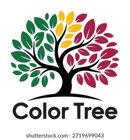 Una ilustración de árbol vibrante con hojas en varios colores que incluyen verde, amarillo y rojo, que representan las estaciones cambiantes. El árbol tiene un tronco negro y se coloca sobre un fondo transparente.