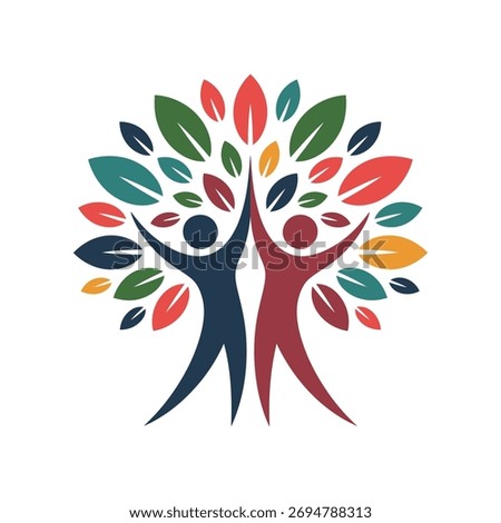 A vibrant tree of life logo featuring two stylized people, symbolizing growth, unity, and positive connections within a community. Vector illustration on white background.